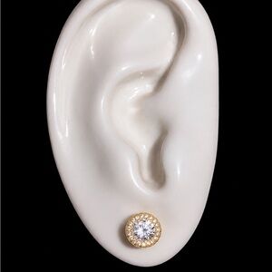 Gold Halo Stud Earrings Round CZ Sparkly Rhinestone Bridal Glam Earrings